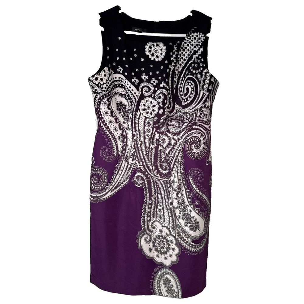 ALYX Dress Womens 10 Purple Black Paisley Sleeveless Sheath Stretch Career